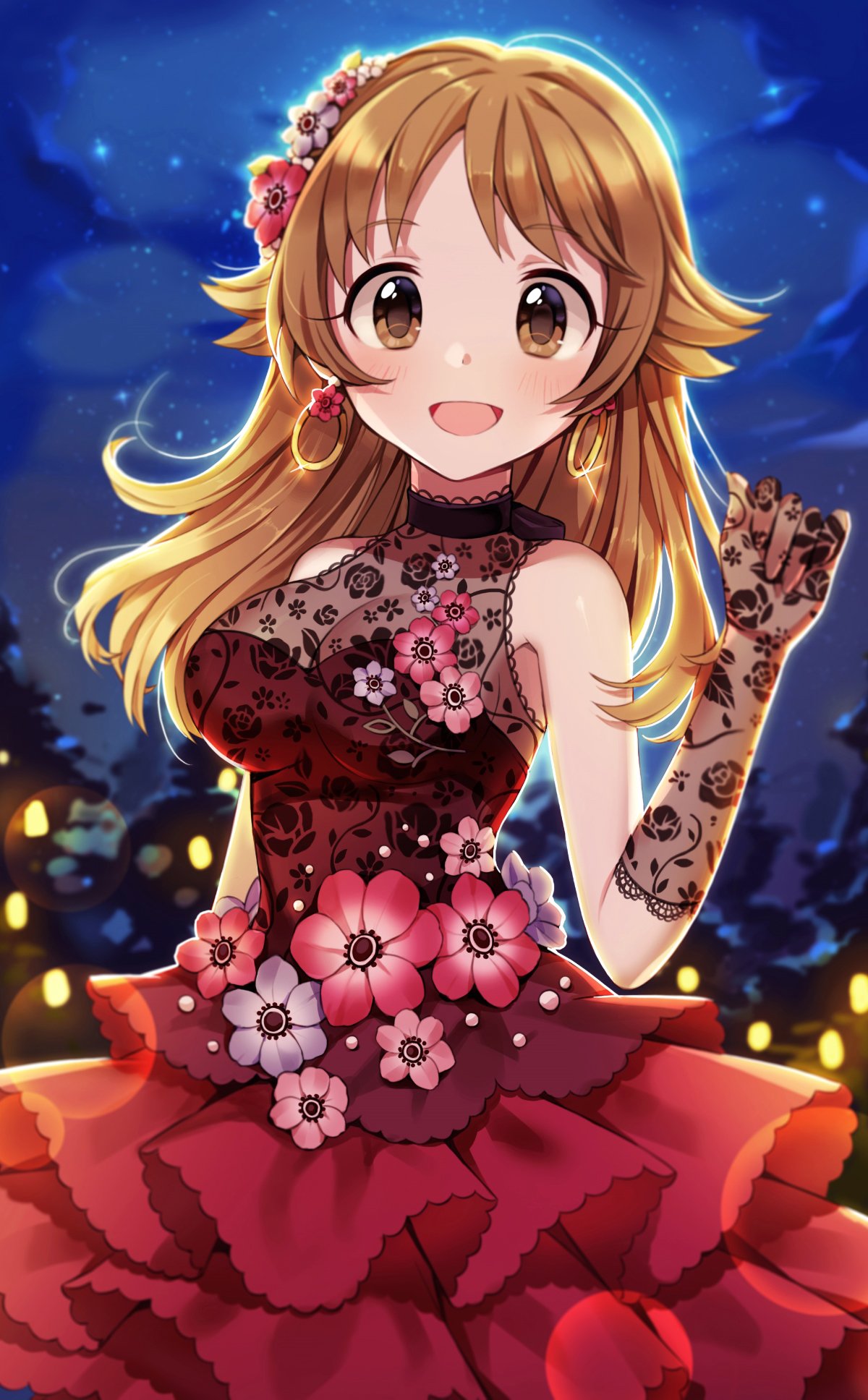 1girl alternate_hairstyle backlighting bare_shoulders blush breasts brown_eyes brown_hair cleavage commentary_request cowboy_shot dress earrings eyebrows_visible_through_hair floral_print flower flower_ornament gloves hair_down hair_flower hair_ornament halterneck highres idolmaster idolmaster_cinderella_girls idolmaster_cinderella_girls_starlight_stage jewelry katagiri_sanae korean_commentary lace lace_gloves long_hair looking_at_viewer medium_breasts night night_sky open_mouth pinkiepies2 red_dress see-through sky sleeveless sleeveless_dress smile solo
