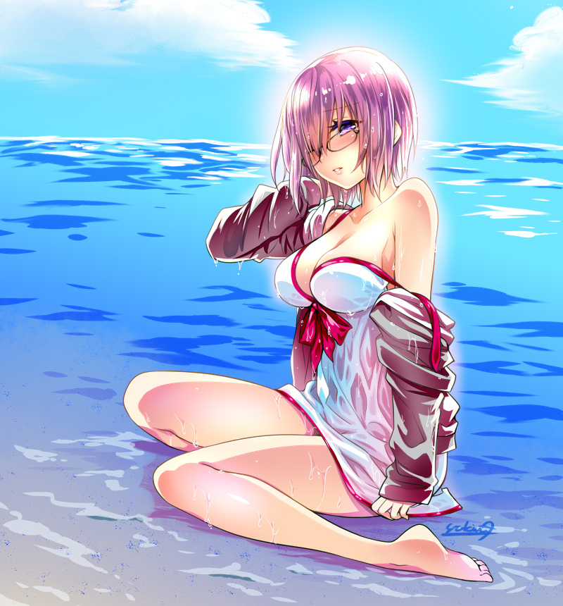 1girl amagai_yukino barefoot black-framed_eyewear blush bow breasts cleavage clouds collarbone dress fate/grand_order fate_(series) glasses grey_jacket hair_over_one_eye horizon jacket large_breasts lips long_sleeves looking_at_viewer mash_kyrielight off_shoulder parted_lips pink_hair shiny shiny_hair short_hair signature sitting sky solo strap_slip violet_eyes water wet wet_clothes wet_hair white_dress