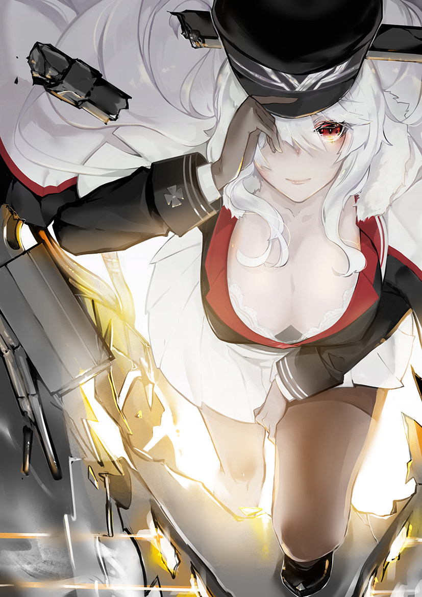 1girl azur_lane bangs black_footwear black_legwear breasts cleavage collarbone from_above fur_trim gloves graf_zeppelin_(azur_lane) hair_between_eyes hand_on_headwear hat iron_cross lace large_breasts long_hair looking_at_viewer military military_uniform nello_(luminous_darkness) pantyhose peaked_cap red_eyes silver_hair solo uniform