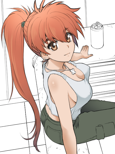 1girl breasts brown_eyes cleavage cross cross_necklace drink erect_nipples eyebrows_visible_through_hair from_above full_metal_panic! full_metal_panic!_invisible_victory jewelry kikumaru_bunta long_hair looking_at_viewer medium_breasts midriff monochrome_background nami_(full_metal_panic!) necklace no_bra orange_hair pants ponytail sideboob sitting solo tank_top