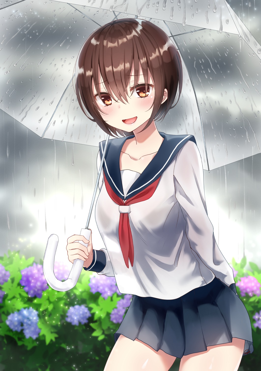 1girl :d bangs blue_flower blue_sailor_collar blue_skirt blurry blurry_background blush breasts brown_eyes brown_hair collarbone commentary_request cowboy_shot depth_of_field eyebrows_visible_through_hair flower hair_between_eyes highres holding holding_umbrella hydrangea leaning_forward long_sleeves looking_at_viewer medium_breasts neckerchief open_mouth original outdoors piripun pleated_skirt purple_flower rain red_neckwear sailor_collar school_uniform serafuku shirt short_hair skirt smile solo transparent_umbrella umbrella water_drop wet white_shirt