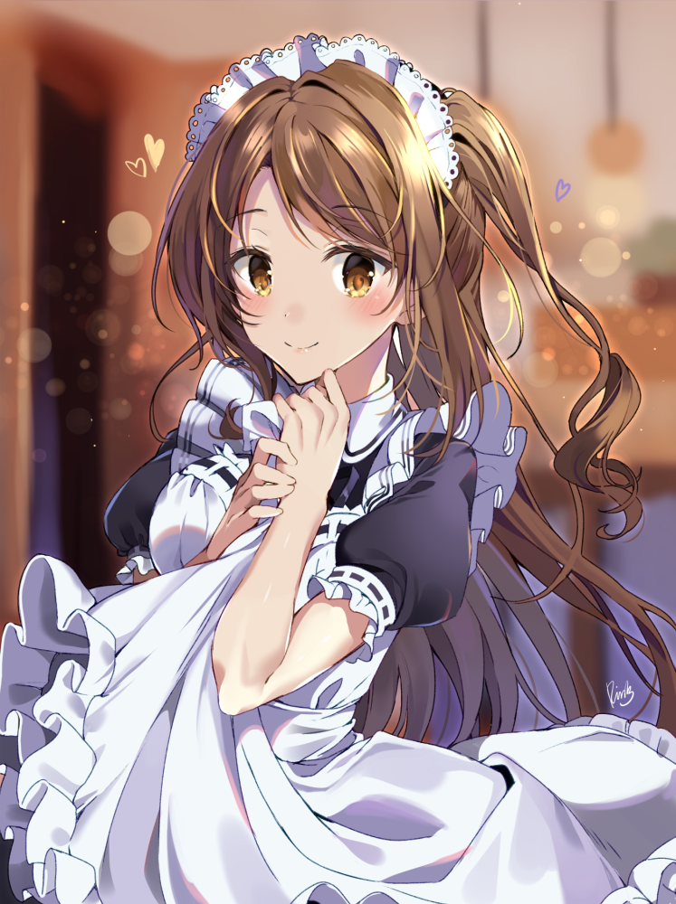 1girl apron apron_hold bangs black_dress blurry blurry_background blush brown_eyes brown_hair closed_mouth commentary depth_of_field dress eyebrows_visible_through_hair frilled_apron frills heart idolmaster idolmaster_cinderella_girls indoors long_hair looking_at_viewer maid maid_apron maid_headdress one_side_up pinb puffy_short_sleeves puffy_sleeves shimamura_uzuki short_sleeves signature smile solo symbol_commentary very_long_hair white_apron