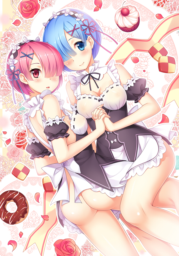 2girls ass blue_eyes blue_hair blush breasts checkerboard_cookie cherry cleavage closed_mouth cookie cupcake detached_sleeves doughnut dutch_angle flower food fruit hair_ornament hand_holding looking_at_viewer maid maid_headdress medium_breasts multiple_girls no_pants parted_lips petals pink_eyes pink_hair ram_(re:zero) re:zero_kara_hajimeru_isekai_seikatsu red_flower red_rose rem_(re:zero) ribbon-trimmed_clothes ribbon_trim rose short_hair siblings sisters smile summer-d_(dodojune) x_hair_ornament