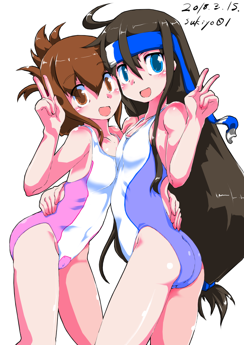 2girls artist_name ass bare_shoulders black_hair blue_eyes blue_headband breasts brown_eyes brown_hair competition_swimsuit dated folded_ponytail hair_between_eyes headband highres hug inazuma_(kantai_collection) kantai_collection long_hair looking_at_viewer low-tied_long_hair multiple_girls one-piece_swimsuit simple_background small_breasts smile sukiyo swimsuit v very_long_hair white_background