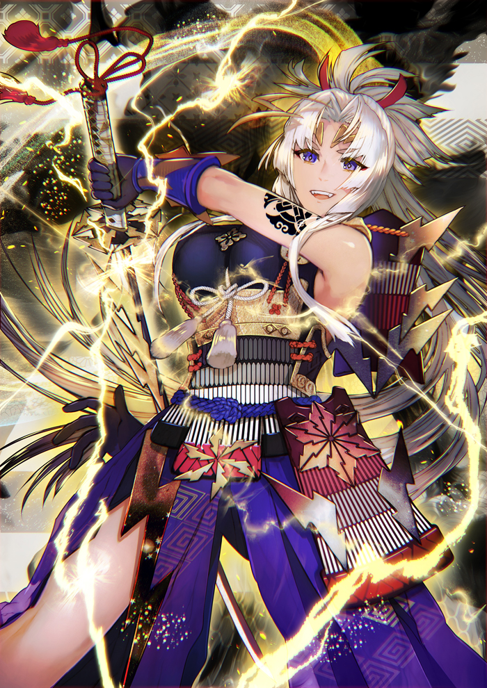 1girl :d armor bangs bare_shoulders breasts commentary_request copyright_request faulds floating_hair holding holding_sword holding_weapon japanese_armor katana large_breasts legs_apart lightning long_hair looking_at_viewer open_mouth parted_bangs pelvic_curtain shutsuri smile solo sparks sword tassel tattoo very_long_hair violet_eyes waist_cape weapon white_hair