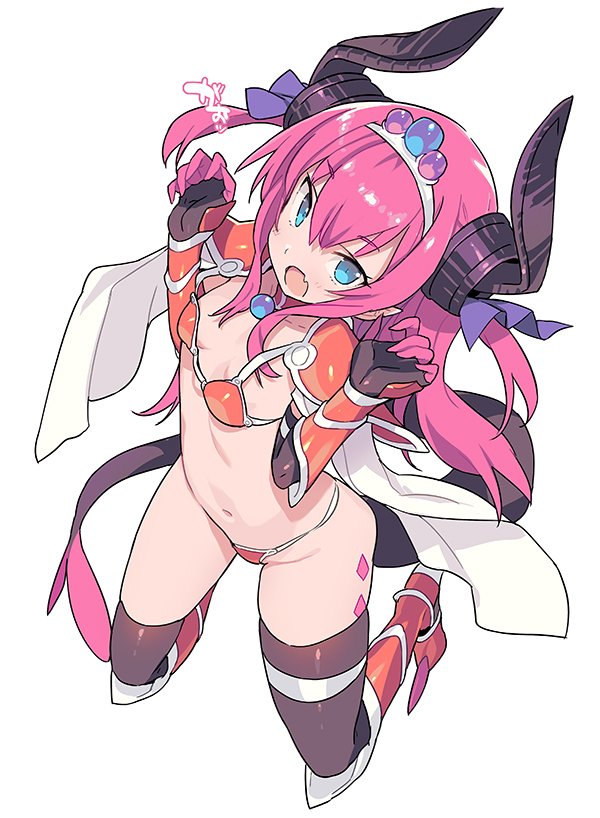 1girl armor bikini_armor blade_(galaxist) blue_eyes blush commentary_request dragon_tail elizabeth_bathory_(brave)_(fate) elizabeth_bathory_(fate) elizabeth_bathory_(fate)_(all) fang fate/grand_order fate_(series) horns long_hair loose_bikini open_mouth red_armor redhead simple_background solo tail white_background