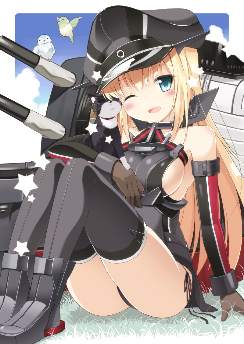 1girl ;d animal bare_shoulders bird bismarck_(kantai_collection) black_panties blonde_hair blue_eyes blue_sky blush breasts brown_gloves cat character_name clouds collarbone cover cover_page detached_sleeves doujin_cover gloves grey_legwear hat kantai_collection long_hair long_sleeves machinery medium_breasts military military_uniform no_bra one_eye_closed oota_yuuichi open_mouth panties pantyshot pantyshot_(sitting) peaked_cap side-tie_panties sideboob sitting sky smile solo star thigh-highs turret underwear uniform unsinkable_sam