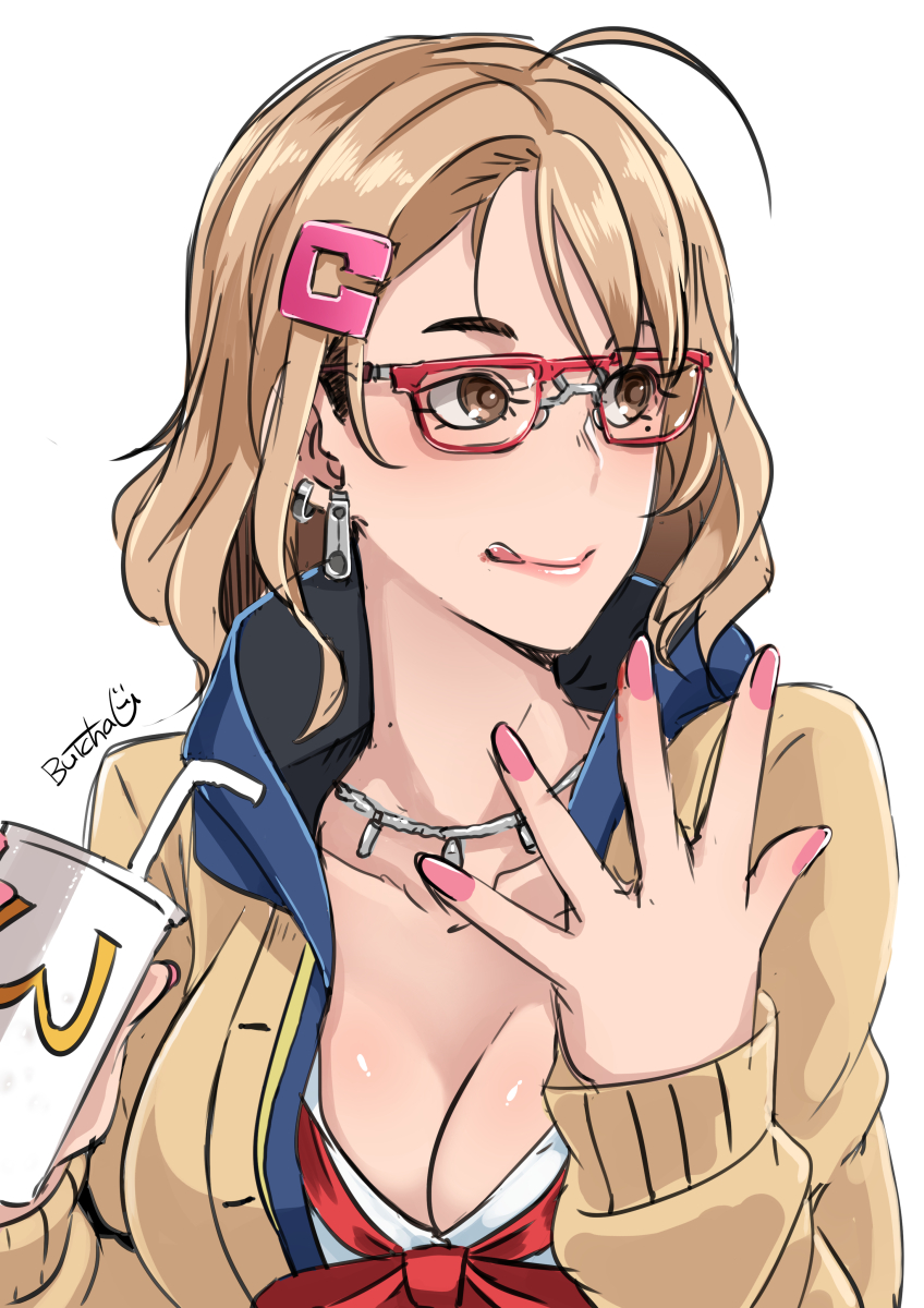 1girl :q ahoge breasts brown_eyes butcha-u cardigan cleavage commentary_request cup disposable_cup ear_piercing glasses gyaru hair_ornament hairclip highres jewelry kogal large_breasts licking_lips light_brown_hair lips medium_hair mole mole_under_eye nail_polish necklace original piercing red-framed_eyewear school_uniform serafuku solo tongue tongue_out unbuttoned wcdonalds