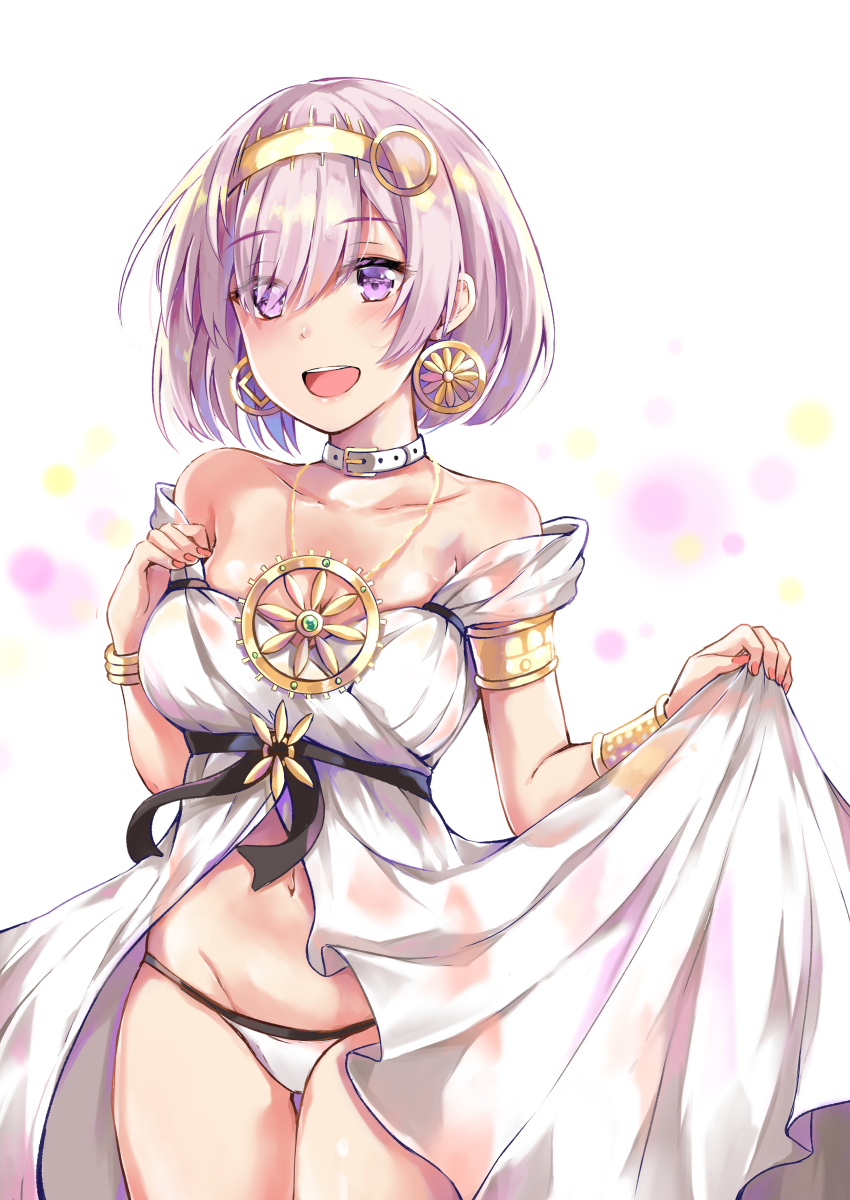 1girl :d armlet bare_shoulders bracelet cleopatra_(fate/grand_order) cleopatra_(fate/grand_order)_(cosplay) collarbone cosplay cowboy_shot dress earrings fate/grand_order fate_(series) fingernails flower_earrings hair_over_one_eye hairband highres jewelry konka lavender_hair looking_at_viewer mash_kyrielight navel open_mouth panties short_hair simple_background skirt_hold smile solo strapless strapless_dress thigh_gap underwear violet_eyes white_background white_dress white_panties