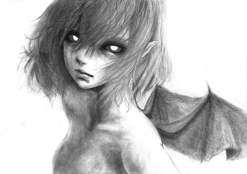 1girl black_sclera closed_mouth commentary_request graphite_(medium) hane_(azelye) looking_at_viewer nude pointy_ears remilia_scarlet short_hair simple_background solo touhou traditional_media upper_body vampire white_background wings