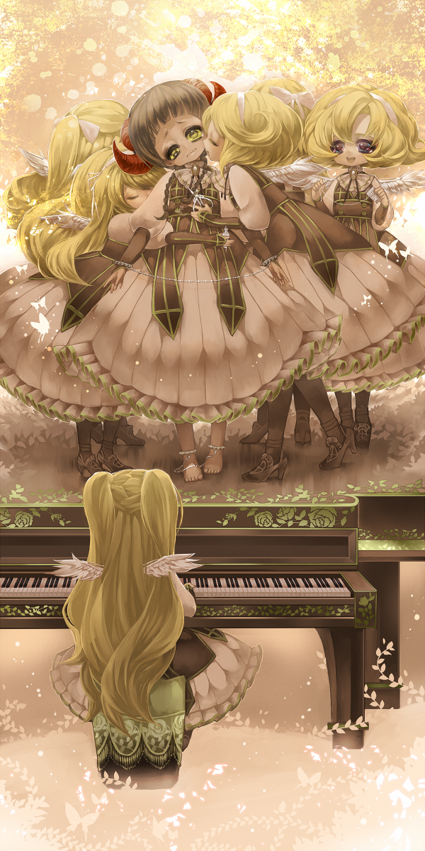 6+girls :d barefoot blonde_hair brown_footwear brown_hair brown_legwear brown_vest chino_machiko closed_mouth hairband head_tilt high_heels highres instrument long_hair multiple_girls music open_mouth original pantyhose piano playing_instrument sitting skirt smile standing twintails vest violet_eyes white_skirt white_wings wings yellow_eyes