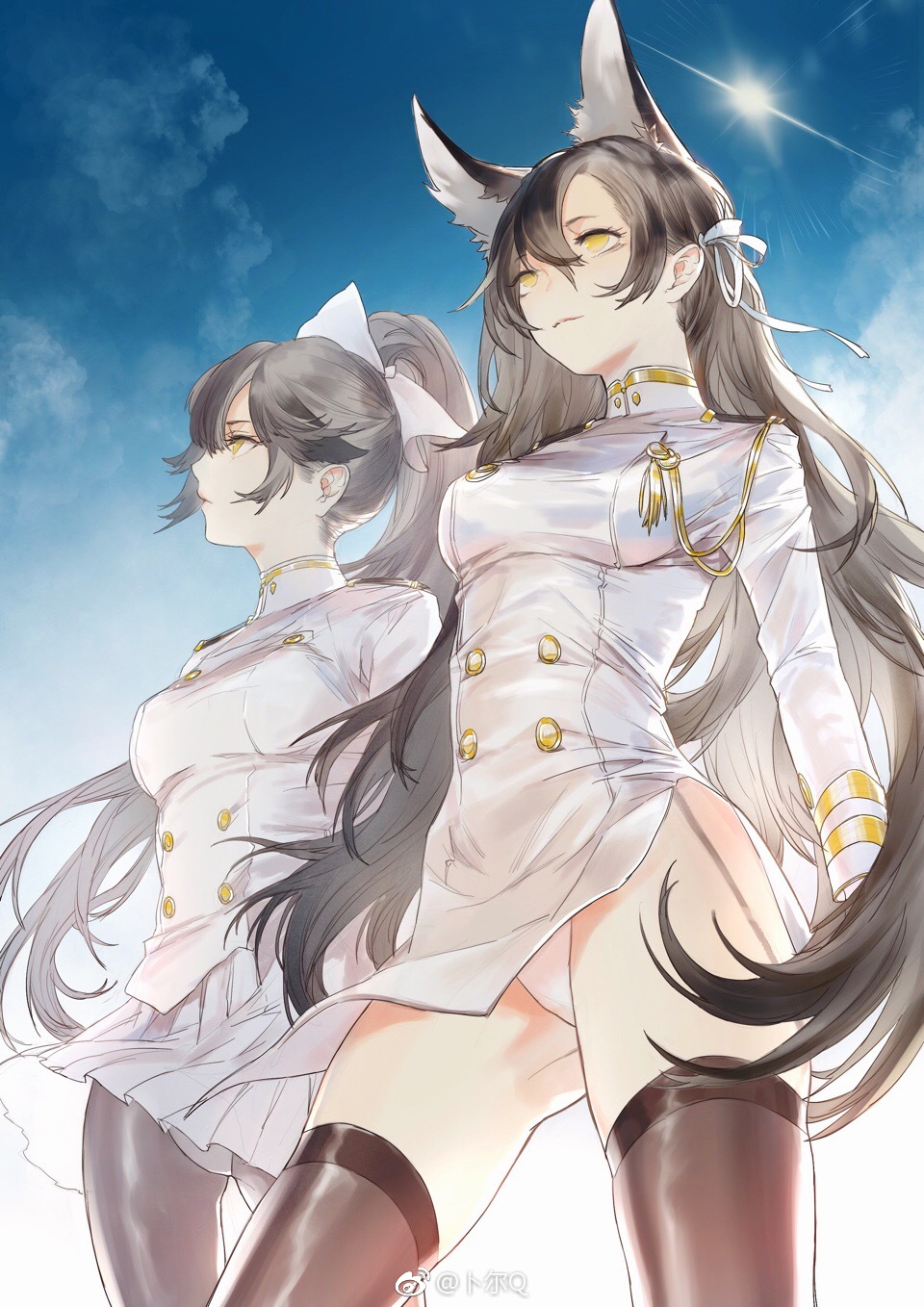 2girls animal_ears atago_(azur_lane) azur_lane black_hair black_legwear dog_ears dress highres long_hair messikid miniskirt multiple_girls panties pantyhose ponytail ribbon skirt takao_(azur_lane) thigh-highs thighs underwear uniform white_dress white_ribbon white_skirt white_uniform yellow_eyes