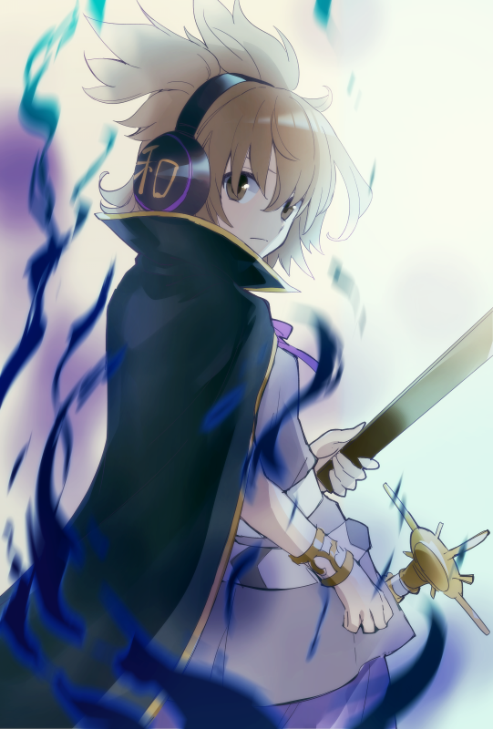 1girl aura belt bracelet brown_eyes brown_hair cape earmuffs jewelry looking_at_viewer looking_back makuwauri pointy_hair short_hair solo sword touhou toyosatomimi_no_miko weapon