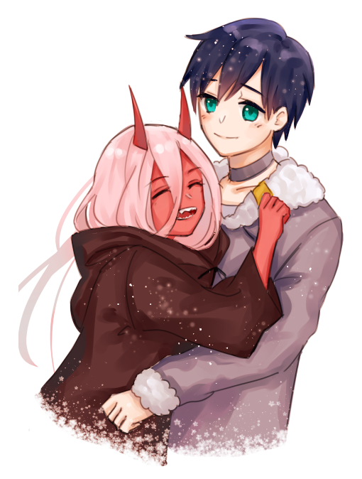 1boy 1girl black_cloak black_hair blue_eyes cloak coat commentary_request couple darling_in_the_franxx eyebrows_visible_through_hair fur_trim green_eyes hetero hiro_(darling_in_the_franxx) hood hooded_cloak horns hug long_hair oni_horns parka pink_hair red_horns red_skin short_hair spoilers victor118 winter_clothes winter_coat younger zero_two_(darling_in_the_franxx)