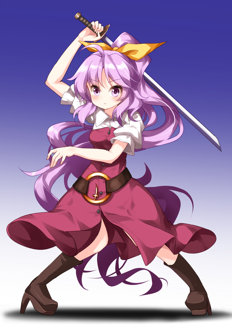 1girl boots brown_footwear dress eyebrows_visible_through_hair frown gradient gradient_background hair_ribbon high_heel_boots high_heels highres holding holding_sword holding_weapon katana knees_together_feet_apart long_hair looking_at_viewer pigeon-toed puffy_short_sleeves puffy_sleeves purple_background ribbon ruu_(tksymkw) serious short_sleeves simple_background solo swinging sword touhou v-shaped_eyebrows very_long_hair violet_eyes watatsuki_no_yorihime weapon yellow_ribbon