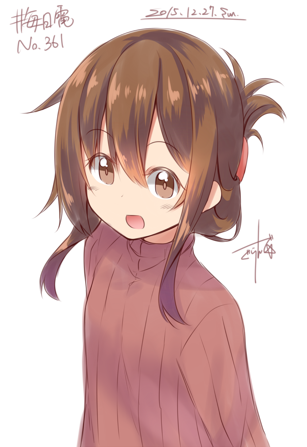 1girl :d brown_eyes brown_hair dated folded_ponytail gurande_(g-size) highres inazuma_(kantai_collection) kantai_collection looking_at_viewer open_mouth red_sweater ribbed_sweater signature simple_background smile solo sweater upper_body white_background