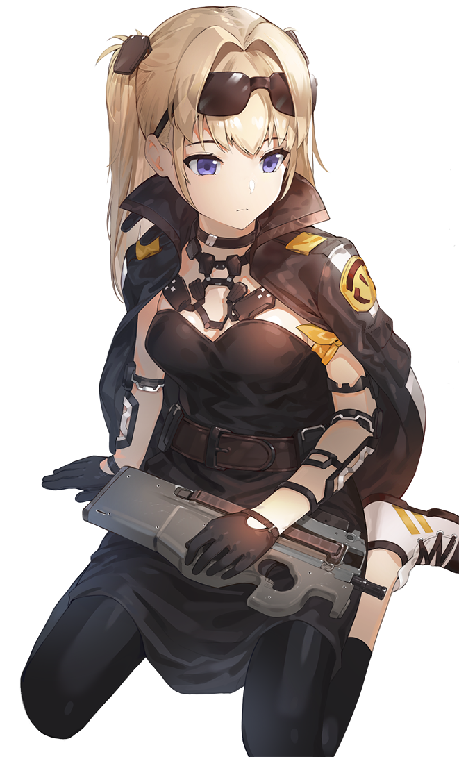 1girl black_dress blonde_hair blue_eyes bullpup choker dress eyewear_on_head gloves gun jacket kfr kneeling leggings long_hair looking_to_the_side open_clothes open_jacket original p90 solo submachine_gun weapon white_background