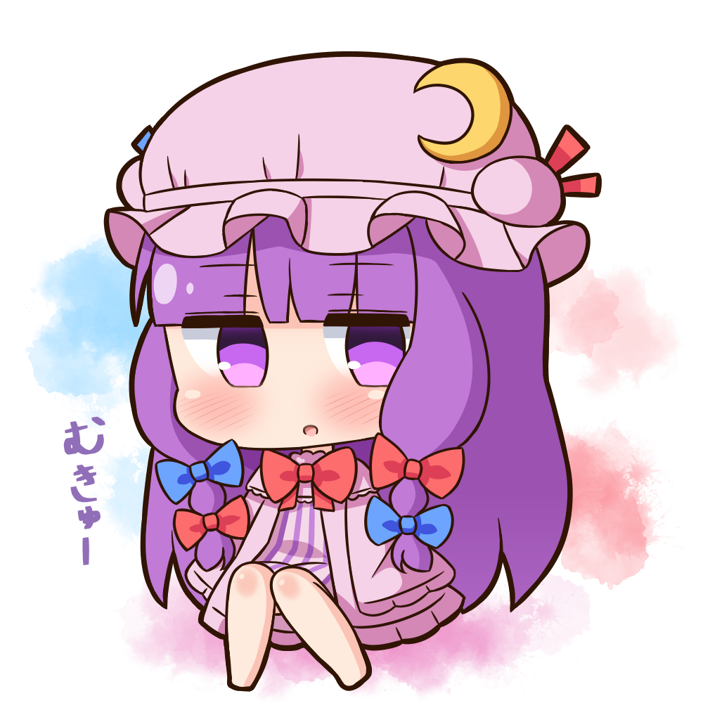 1girl :o bangs barefoot blue_bow blush bow chibi commentary_request crescent crescent_moon_pin dress eyebrows_visible_through_hair full_body hair_bow hana_kazari hat jitome long_hair long_sleeves looking_at_viewer mob_cap parted_lips patchouli_knowledge pink_dress pink_hat purple_hair red_bow sleeves_past_fingers sleeves_past_wrists solo striped touhou translated vertical_stripes very_long_hair violet_eyes