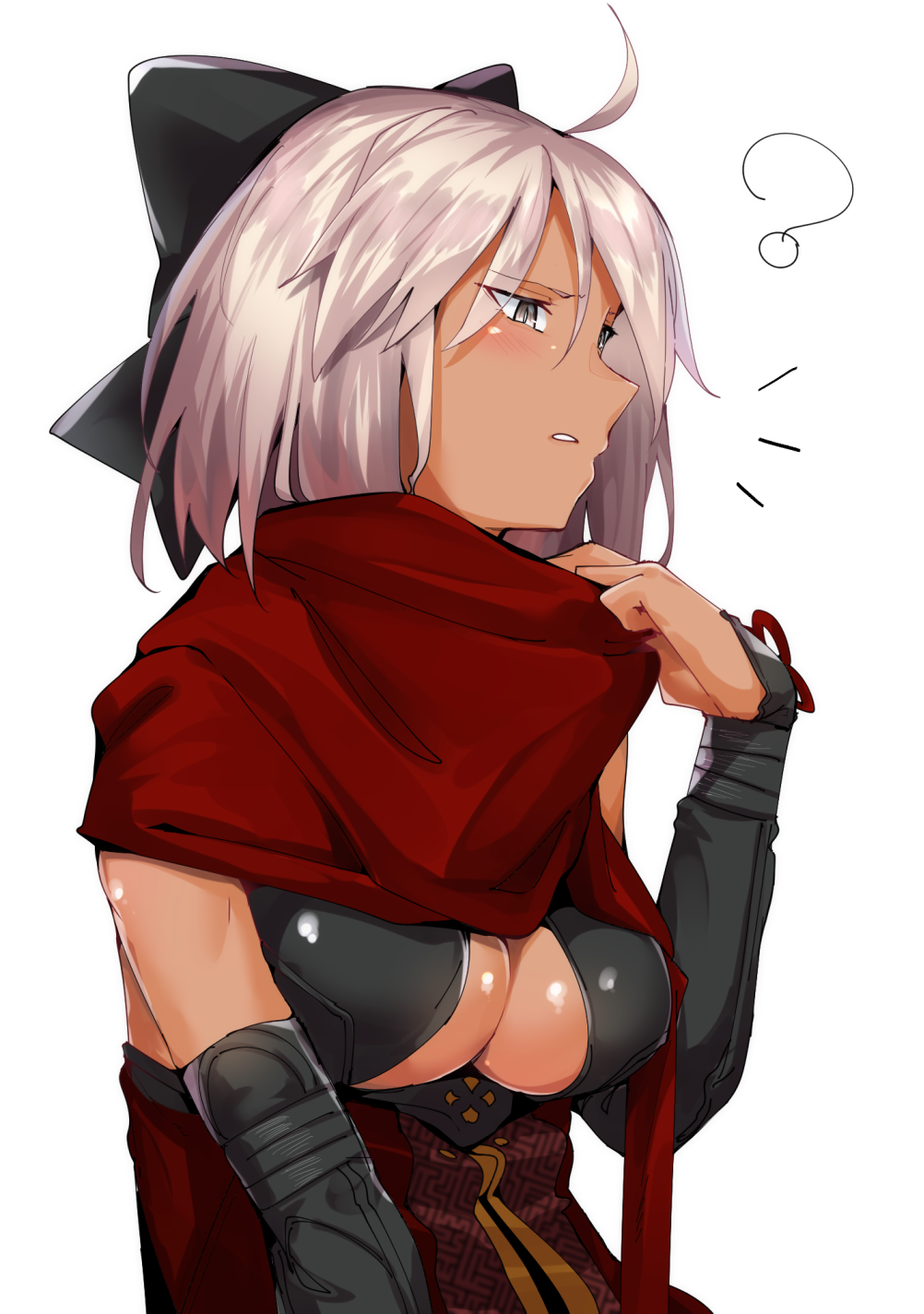 1girl ? ahoge arm_guards black_bow bow breasts cleavage cleavage_cutout commentary_request dark_skin fate/grand_order fate_(series) grey_eyes hair_bow highres koha-ace large_breasts majin_saber okita_souji_(fate) okita_souji_alter_(fate) red_scarf scarf short_hair silver_hair solo tagme uno_ryoku