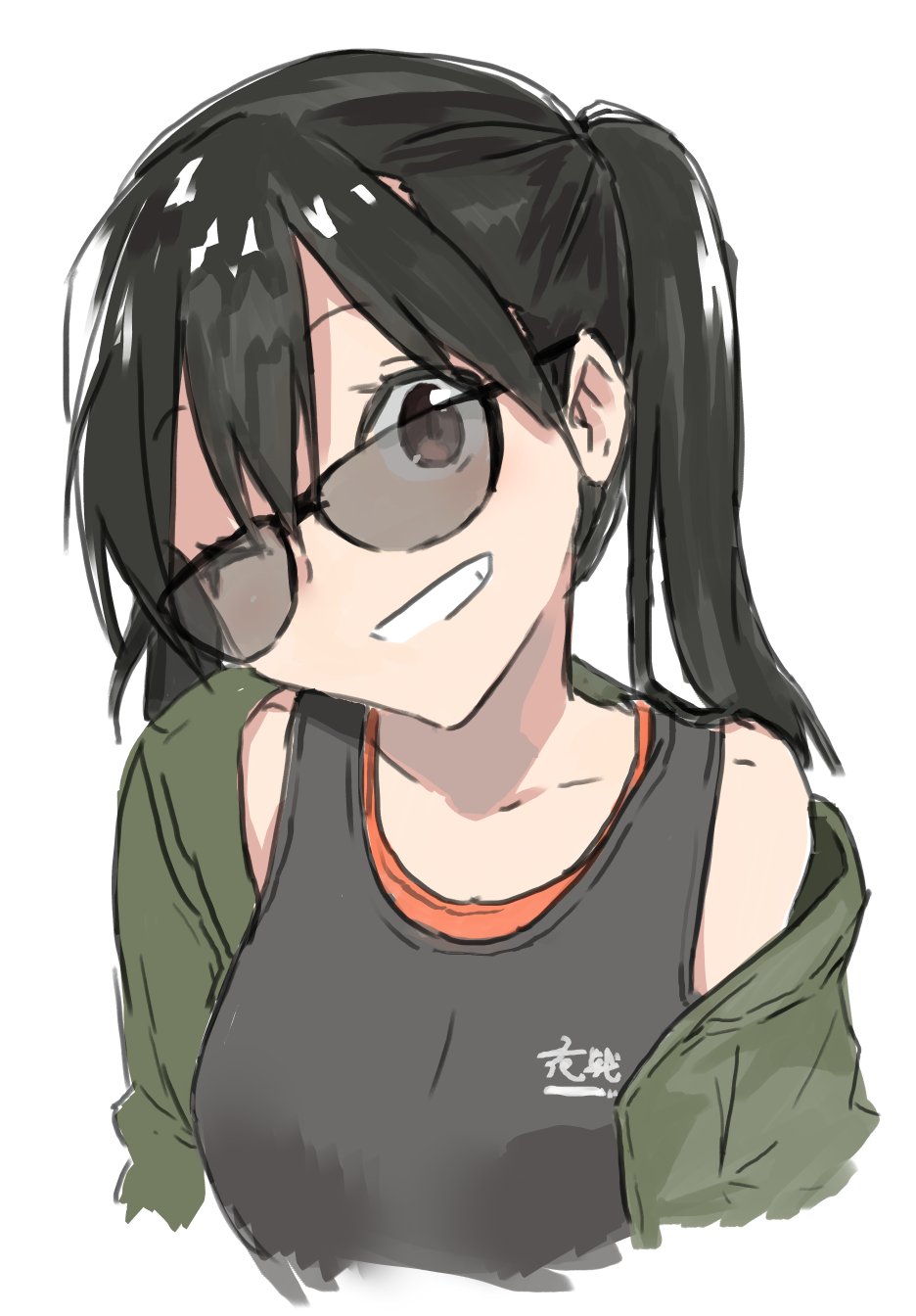 1girl black_hair brown_eyes commentary_request glasses green_jacket grey_shirt grin head_tilt highres jacket kantai_collection looking_at_viewer masukuza_j off_shoulder one_eye_closed sendai_(kantai_collection) shirt simple_background sleeveless sleeveless_shirt smile solo twintails upper_body white_background