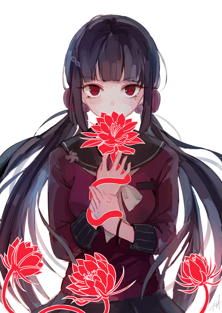 arms_up bangs black_hair breasts dangan_ronpa flower hair_ornament harukawa_maki holding hyde_(hai-do) long_hair long_sleeves looking_at_viewer red_eyes sailor_collar school_uniform skirt twintails