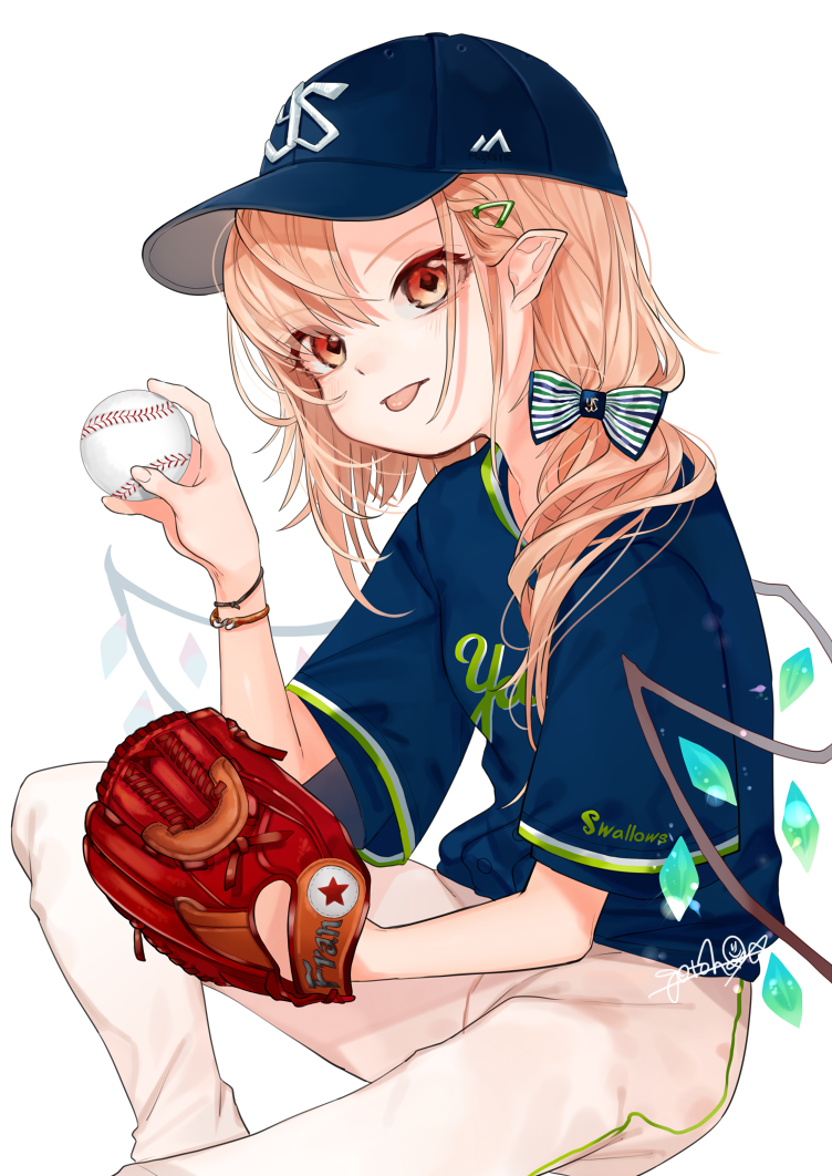 1girl :p alternate_costume ball baseball baseball_cap baseball_glove blonde_hair blue_hat blue_shirt bow commentary_request contemporary crystal flandre_scarlet gotoh510 hair_bow hair_ornament hairclip hand_up hat head_tilt holding holding_ball looking_at_viewer medium_hair nippon_professional_baseball pants pointy_ears red_eyes shirt short_sleeves simple_background sitting solo striped striped_bow tokyo_yakult_swallows tongue tongue_out touhou white_background white_pants wings