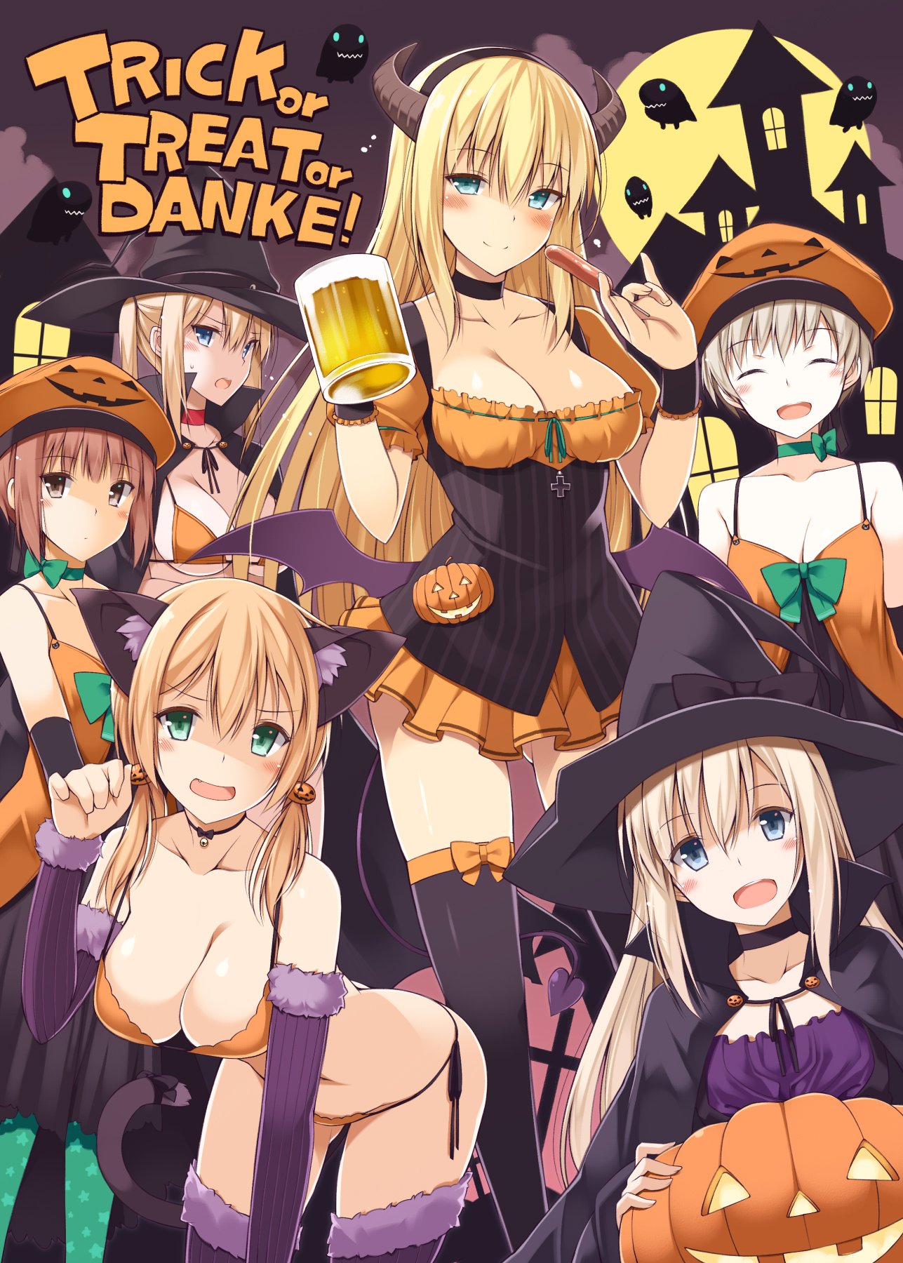 6+girls alcohol alternate_costume animal_ears aqua_eyes bangs bat_wings beer beer_mug bismarck_(kantai_collection) black_legwear blonde_hair blue_eyes blush bra breasts brown_eyes brown_hair cape cat_ears cat_tail choker cleavage closed_eyes collarbone cup fake_animal_ears fake_horns food fur_trim german graf_zeppelin_(kantai_collection) green_eyes hair_ornament hairband halloween halloween_costume hat highres holding holding_cup horns jack-o'-lantern jack-o'-lantern_hair_ornament jack-o'-lantern_print kantai_collection large_breasts long_hair looking_at_viewer multiple_girls navel oota_yuuichi open_mouth orange_bra orange_panties orange_skirt panties paw_pose print_hat prinz_eugen_(kantai_collection) pumpkin_hat purple_legwear sausage shiny shiny_skin side-tie_panties skirt smile striped tail thigh-highs u-511_(kantai_collection) underwear wings witch_hat z1_leberecht_maass_(kantai_collection) z3_max_schultz_(kantai_collection)