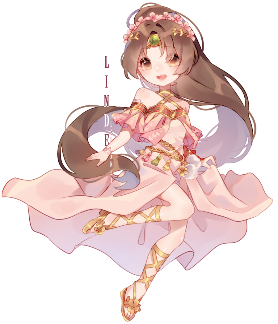 bangs bare_shoulders brown_eyes brown_hair chibi cleavage_cutout commission fire_emblem fire_emblem:_mystery_of_the_emblem flower frills full_body hair_flower hair_ornament jumping lilianei linda_(fire_emblem) long_hair looking_at_viewer open_mouth ponytail smile