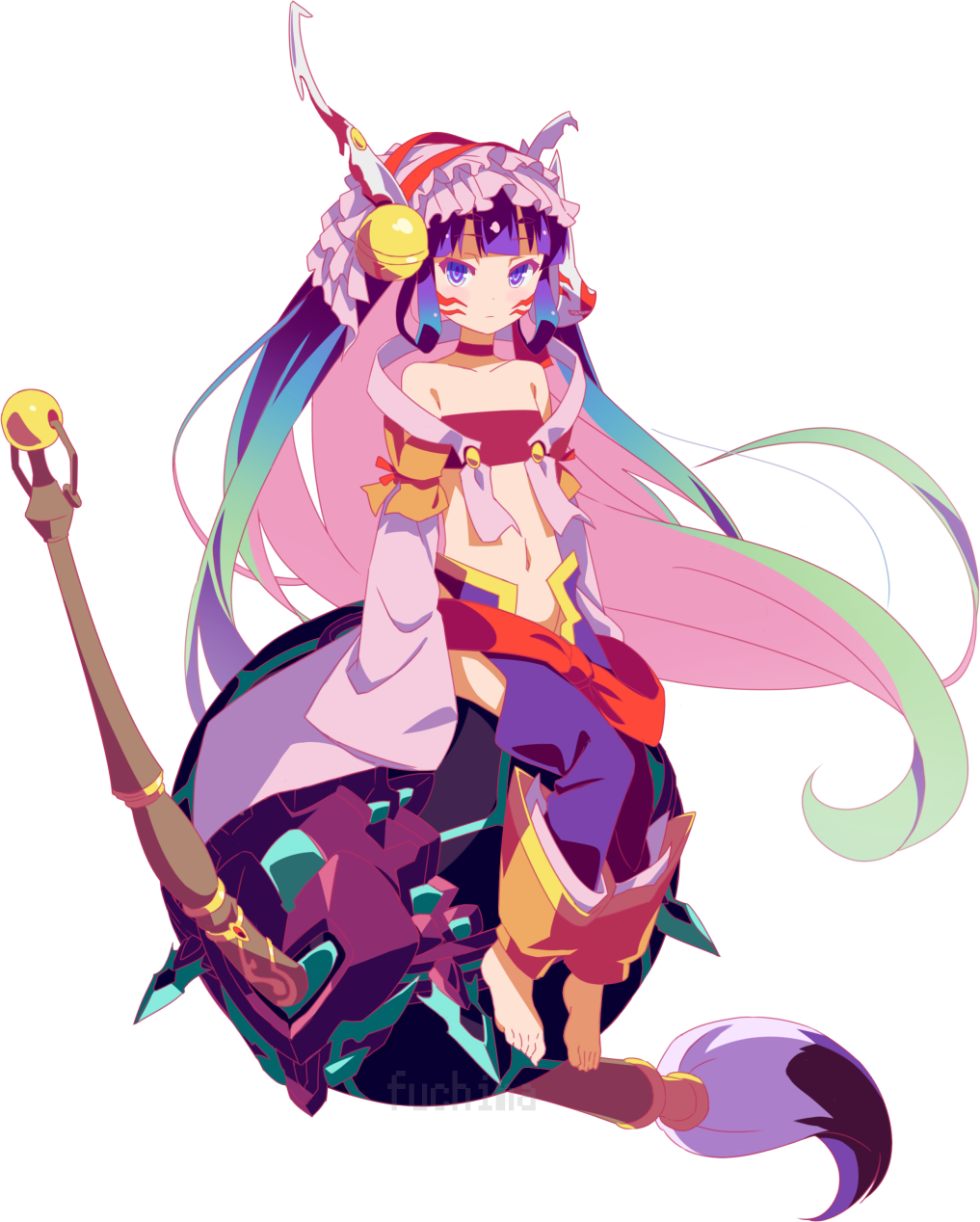 1girl bare_shoulders barefoot bell blush closed_mouth collarbone flat_chest fuchima hair_bell hair_ornament highres hip_bones horou_(no_game_no_life) long_hair looking_at_viewer loose_clothes multicolored_hair navel no_game_no_life open_eyes sitting solo violet_eyes