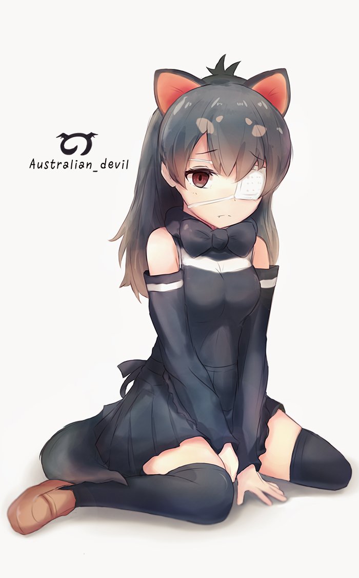 1girl 3ma_saga apron australian_devil_(kemono_friends) black_hair bow bowtie commentary_request detached_sleeves eyebrows_visible_through_hair eyepatch fang gloves japari_symbol kemono_friends loafers long_hair pleated_skirt shoes sitting skirt sleeveless solo tasmanian_devil_ears text_focus thigh-highs wariza