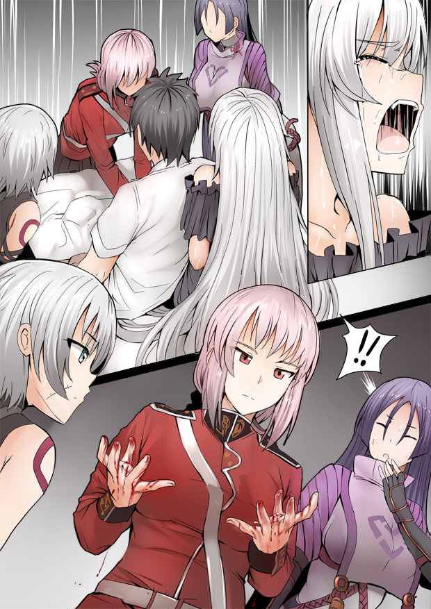 !! 1boy 4girls bangs blood bloody_hands bodysuit breasts camisole closed_eyes crying fate/grand_order fate_(series) florence_nightingale_(fate/grand_order) fujimaru_ritsuka_(male) ginhaha green_eyes jack_the_ripper_(fate/apocrypha) jeanne_d'arc_(alter)_(fate) jeanne_d'arc_(fate)_(all) large_breasts long_hair military military_uniform minamoto_no_raikou_(fate/grand_order) multiple_girls on_bed open_mouth pain pink_eyes pink_hair purple_bodysuit purple_hair screaming short_hair shoulder_tattoo silver_hair surprised tattoo uniform