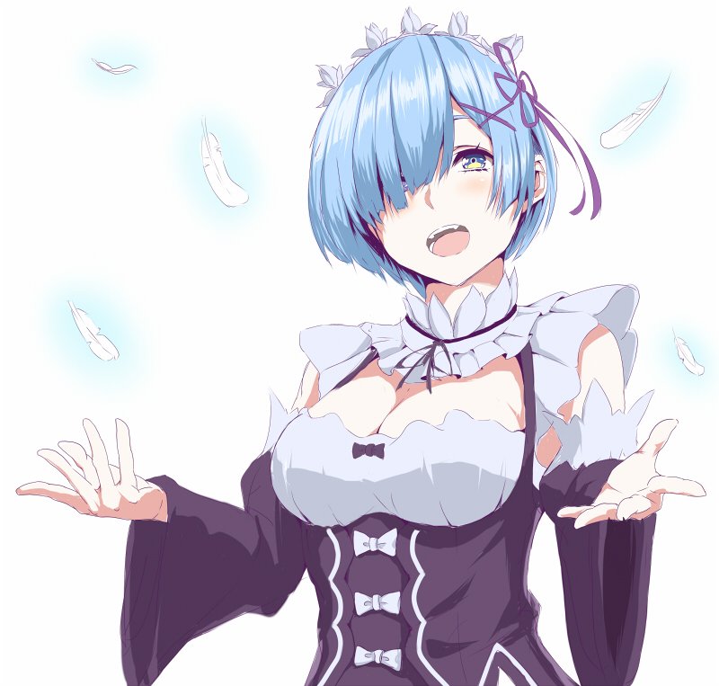 1girl blue_eyes blue_hair breasts cleavage commentary detached_sleeves falling_feathers feathers frilled_sleeves frills hair_ornament hair_over_one_eye hashimoto_(frog_flag) large_breasts maid maid_headdress open_mouth purple_ribbon re:zero_kara_hajimeru_isekai_seikatsu rem_(re:zero) ribbon ribbon-trimmed_clothes ribbon_trim short_hair underbust wide_sleeves x_hair_ornament