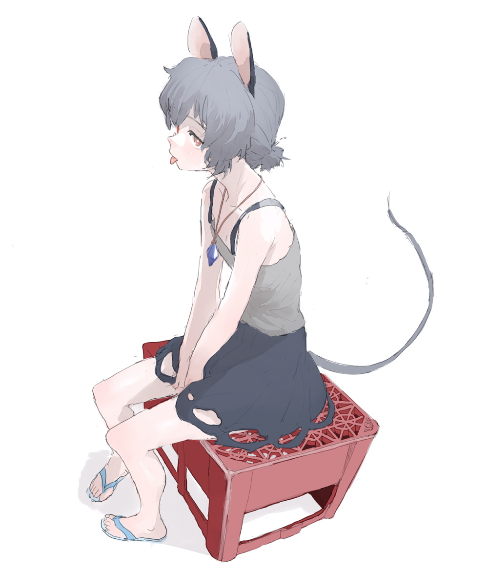 1girl :p alternate_costume alternate_footwear alternate_hairstyle animal_ears bare_arms bare_legs between_legs collarbone flat_chest flip-flops from_side full_body green_hair grey_shirt grey_skirt hand_between_legs jewelry low_ponytail motsuni_(artist) mouse_ears mouse_tail nazrin necklace pendant red_eyes sandals sanpaku shadow shirt short_hair short_ponytail simple_background sitting skirt solo tail tank_top toenails toes tongue tongue_out touhou white_background