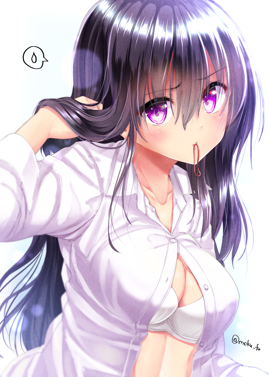 1girl black_hair blue_background blush bra breasts cleavage collared_shirt gradient gradient_background hair_ribbon highres large_breasts lens_flare long_hair long_sleeves looking_at_viewer mokufuu mouth_hold original partially_unbuttoned ribbon ribbon_in_mouth shirt solo speech_bubble spoken_sweatdrop sweatdrop unbuttoned unbuttoned_shirt underwear violet_eyes white_background white_bra white_shirt