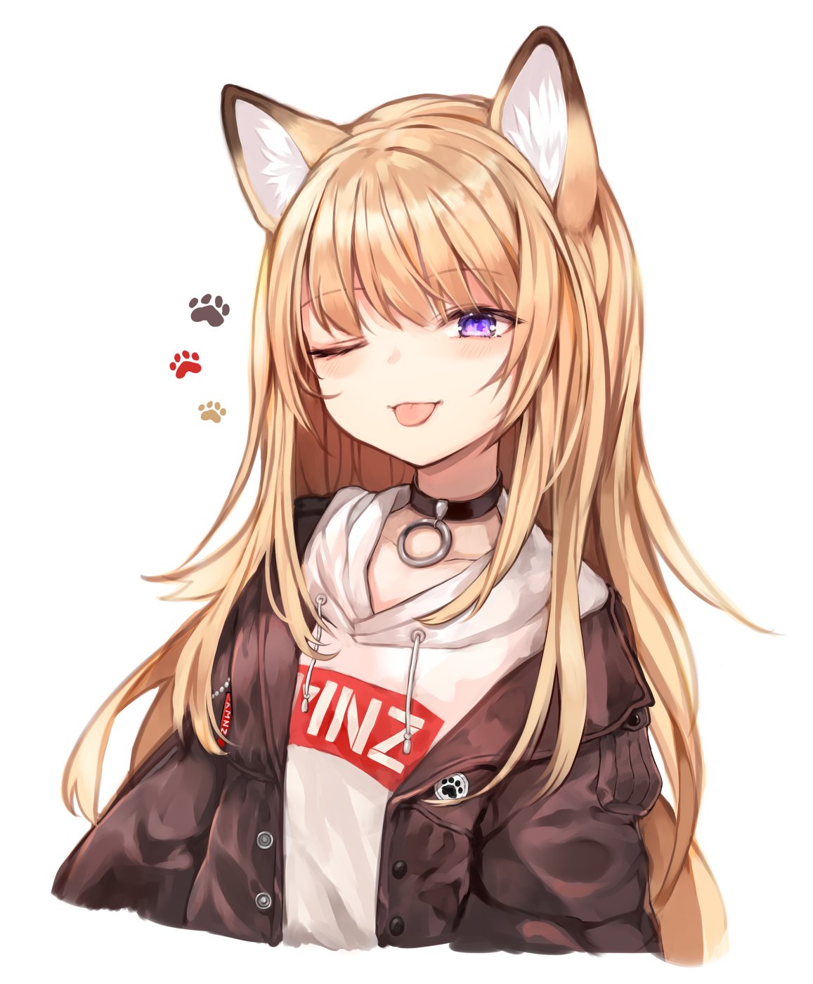 1girl ;p animal_ears black_jacket blonde_hair blue_eyes collar fox_ears highres hood hoodie jacket kmnz_lita long_hair mc_lita no_hat no_headwear off_shoulder one_eye_closed open_clothes open_jacket paw_print simple_background sukemyon tongue tongue_out virtual_youtuber white_background