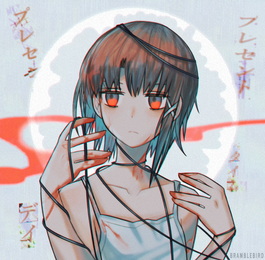 1girl asymmetrical_bangs asymmetrical_hair bangs blood blood_on_face blood_stain bloody_clothes brown_hair colored_eyelashes entangled expressionless iwakura_lain kky nightgown orange_eyes serial_experiments_lain short_hair solo upper_body