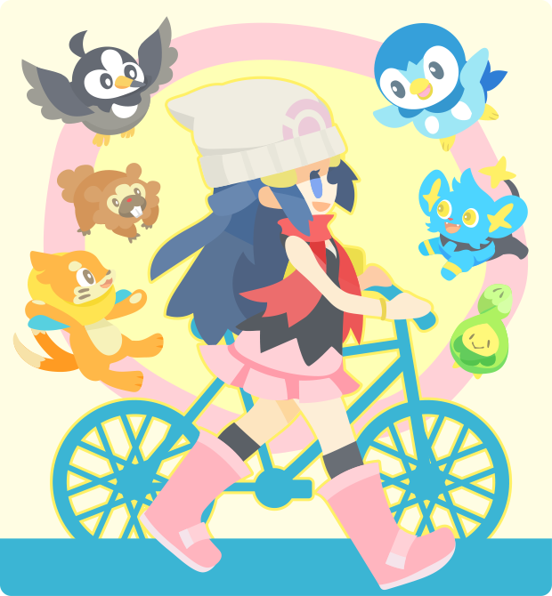 1girl :d bare_shoulders bicycle bidoof black_legwear black_shirt blue_eyes blue_hair boots bracelet budew buizel from_side gen_4_pokemon ground_vehicle hair_ornament hikari_(pokemon) jewelry kneehighs long_hair miniskirt open_mouth outline pink_footwear pink_skirt piplup pokemon pokemon_(creature) pokemon_(game) pokemon_dppt red_scarf rizu_(rizunm) scarf shinx shirt skirt smile starly tank_top walking yellow_outline