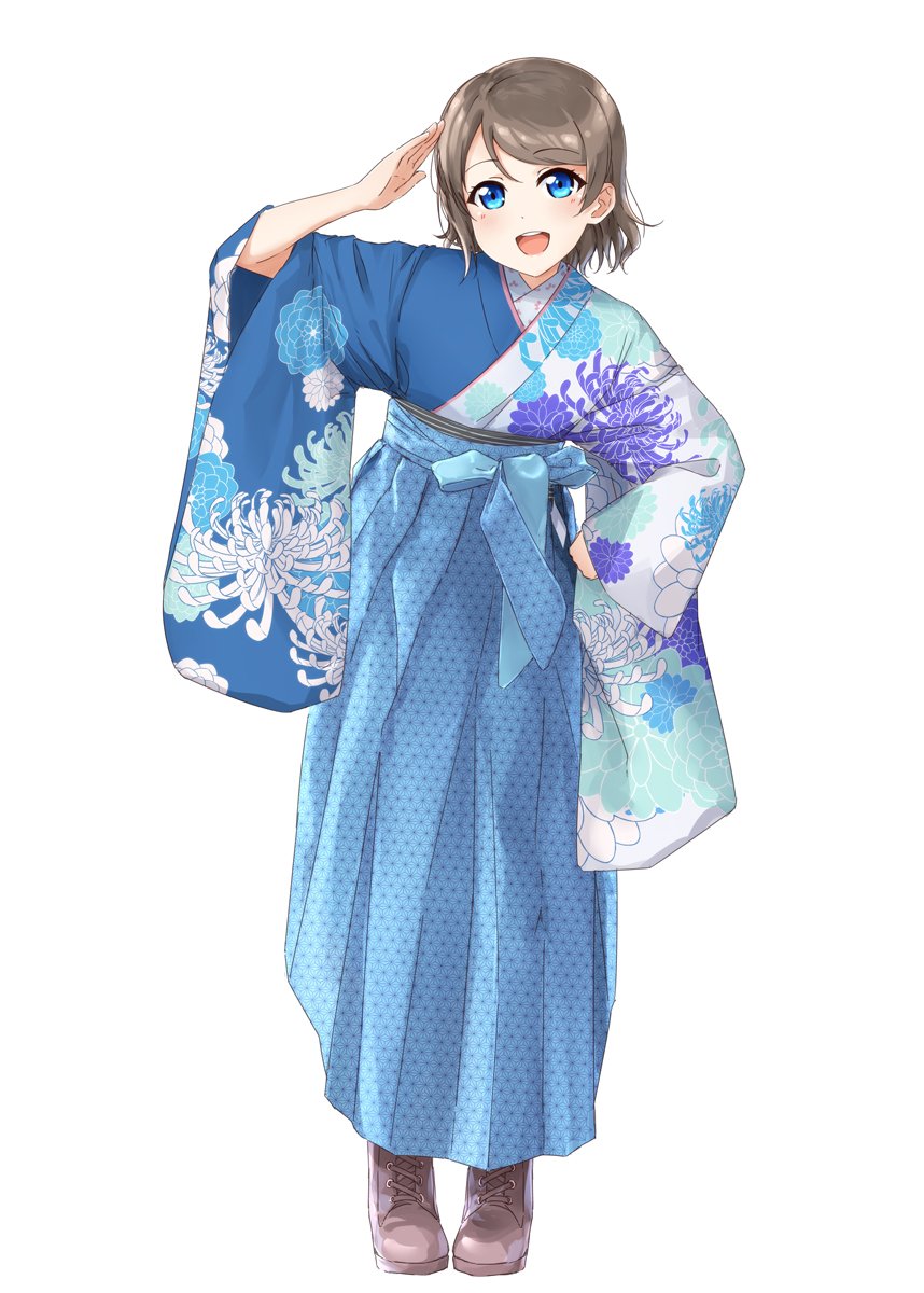 1girl :d blue_eyes blue_hakama blue_kimono boots floral_print full_body grey_hair hakama hand_on_hip highres japanese_clothes kimono long_sleeves looking_at_viewer love_live! love_live!_sunshine!! meiji_schoolgirl_uniform open_mouth round_teeth salute short_hair simple_background smile solo standing suke_(momijigari) teeth upper_teeth watanabe_you white_background wide_sleeves
