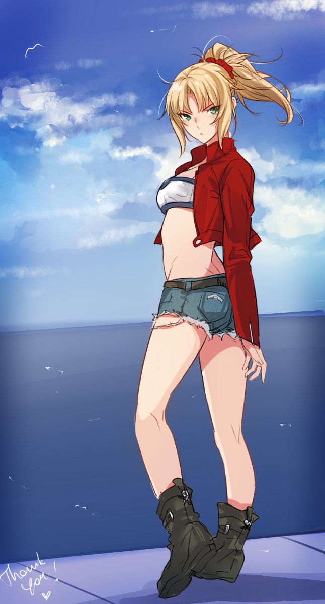 1girl bandeau bird black_footwear blonde_hair blue_sky clouds commentary cropped_jacket cutoffs denim denim_shorts fate/apocrypha fate/grand_order fate_(series) green_eyes hair_ornament hair_scrunchie highres jacket legs looking_at_viewer looking_back midriff mordred_(fate) mordred_(fate)_(all) open_clothes open_jacket ponytail red_jacket scrunchie short_shorts shorts sky standing surfboard thank_you tusia