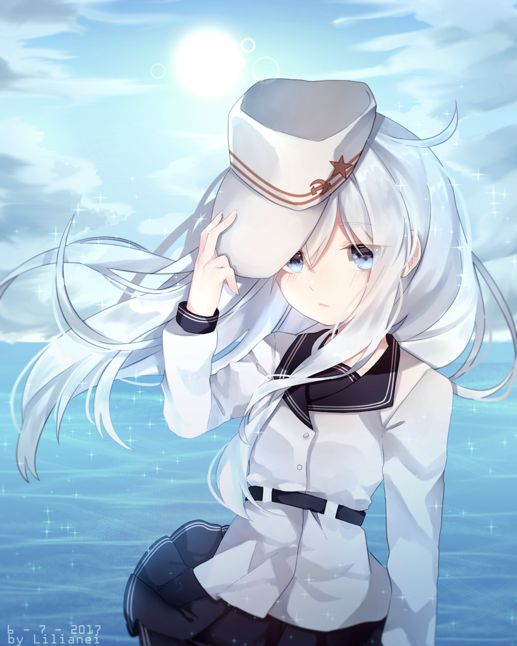 arm_up bangs blue_eyes commission hat hibiki_(kantai_collection) highres kantai_collection lilianei long_hair looking_at_viewer ocean sailor_collar school_uniform skirt sky upper_body white_hair