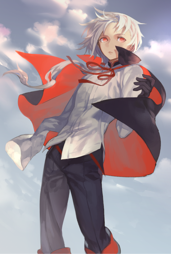 1boy black_cape black_pants cape clouds cloudy_sky copyright_request grey_sky long_sleeves male_focus multicolored multicolored_cape multicolored_clothes neck_ribbon pants parted_lips red_cape red_eyes red_neckwear ribbon shirt sky solo white_hair white_shirt yamakawa