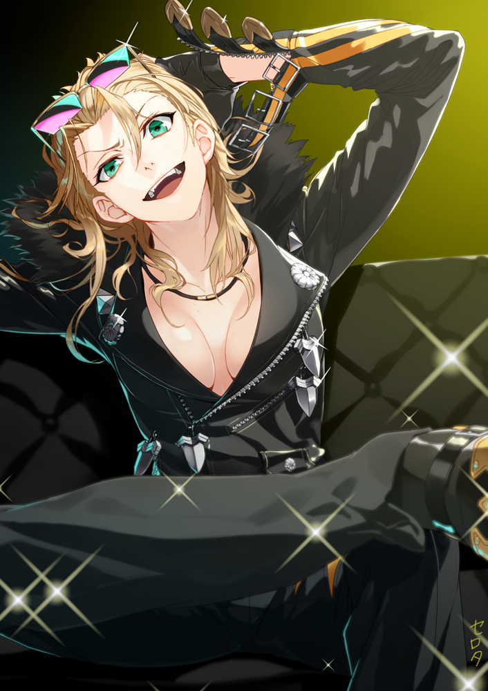 1girl blonde_hair breasts collarbone cosplay eyewear_on_head fate/grand_order fate_(series) fur_trim gloves green_eyes head_tilt jacket jewelry leather leather_jacket legs_crossed looking_at_viewer medium_breasts mordred_(fate)_(all) necklace open_mouth sakata_kintoki_(fate/grand_order) sakata_kintoki_rider_(fate/grand_order) sakata_kintoki_rider_(fate/grand_order)_(cosplay) serota sitting solo sparkle sunglasses unzipped