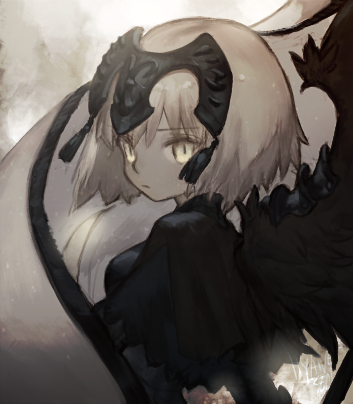 black_wings blonde_hair breasts fate/grand_order fate_(series) flag headpiece jeanne_d'arc_(alter)_(fate) jeanne_d'arc_(fate)_(all) leeis_cool looking_back signature tagme tassel wings yellow_eyes