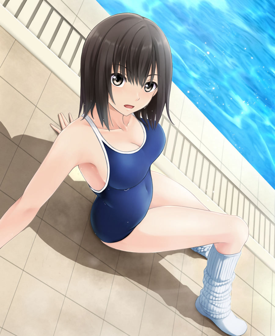 1girl blue_swimsuit breasts brown_eyes brown_hair competition_school_swimsuit competition_swimsuit day from_above leg_warmers looking_at_viewer looking_up medium_breasts nonaka_ritsu one-piece_swimsuit open_mouth original outdoors pool poolside school_swimsuit shadow short_hair sitting solo swimsuit water