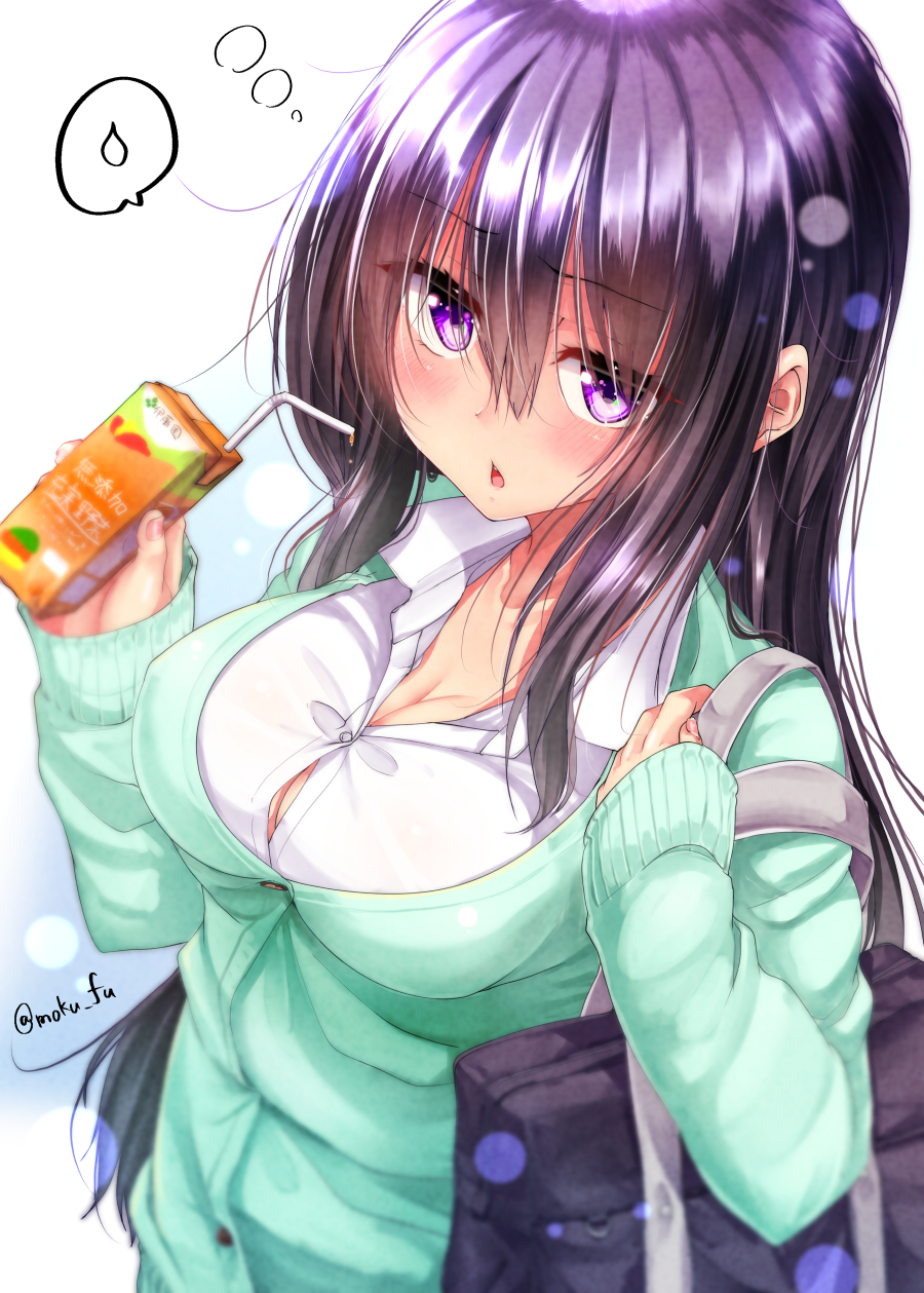 1girl bag black_hair blue_background blush box breasts cardigan cleavage collared_shirt drinking_straw gradient gradient_background green_cardigan highres holding holding_bag holding_box juice_box large_breasts lens_flare long_hair long_sleeves looking_at_viewer mokufuu open_mouth original shirt solo spoken_sweatdrop sweatdrop violet_eyes white_background white_shirt