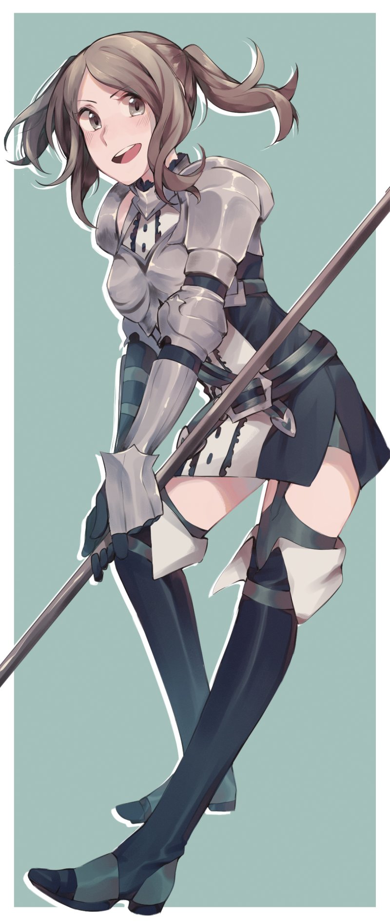 1girl armor blue_eyes blue_hair cynthia_(fire_emblem) fire_emblem fire_emblem:_kakusei gloves highres looking_at_viewer pegasus_knight polearm simple_background smile solo spear twintails weapon