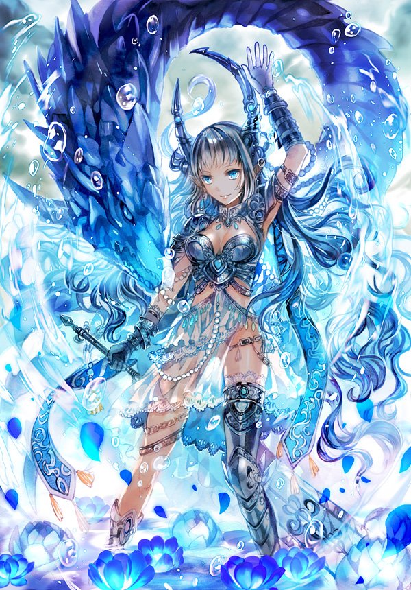 1girl armor blue_eyes blue_hair boobplate boots bracer breasts closed_mouth dragon floating_hair hand_up holding holding_sword holding_weapon horns legs_apart long_hair looking_at_viewer medium_breasts original rioka_(southern_blue_sky) single_boot smile solo sword weapon
