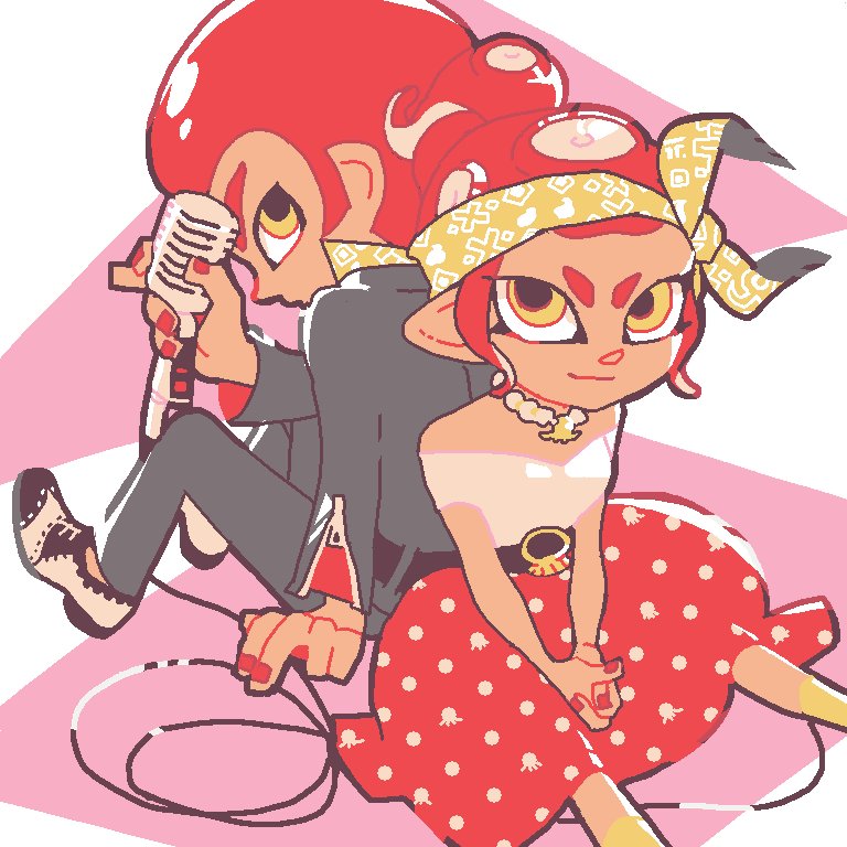 1boy 1girl afro back-to-back jewelry looking_at_viewer microphone necklace octarian octoling ponytail redhead sitting smile splatoon splatoon_2 suit_jacket yellow_eyes