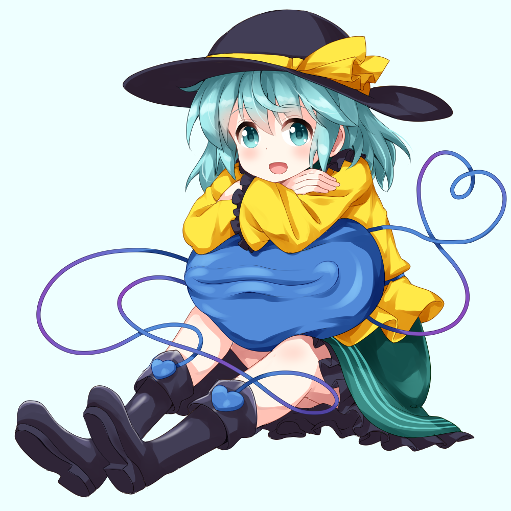 1girl :d aqua_eyes aqua_hair black_footwear black_hat boots crossed_arms frilled_skirt frills full_body green_skirt hat hat_ribbon heart heart_of_string komeiji_koishi looking_at_viewer open_mouth ribbon ruu_(tksymkw) shirt short_hair simple_background sitting skirt smile solo touhou white_background yellow_ribbon yellow_shirt