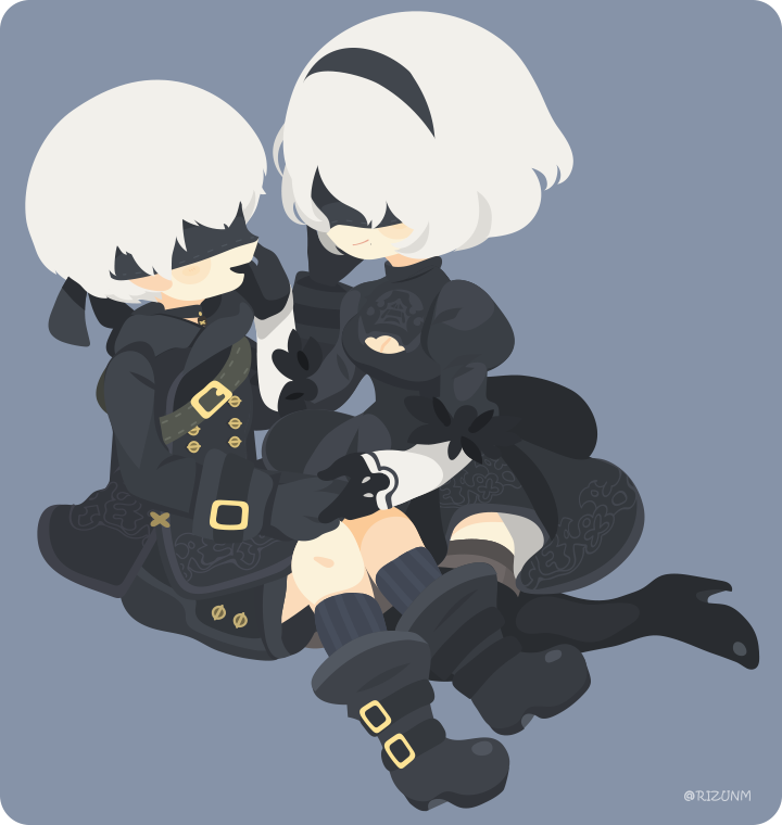 1boy 1girl :d belt black_dress black_gloves black_hairband blindfold boots breasts cleavage_cutout closed_mouth dress gloves grey_legwear hairband hand_holding high_heel_boots high_heels juliet_sleeves long_sleeves medium_breasts mole mole_under_mouth nier_(series) nier_automata open_mouth puffy_sleeves rizu_(rizunm) short_hair smile striped striped_legwear thigh-highs thigh_boots twintails vertical-striped_legwear vertical_stripes white_hair yorha_no._2_type_b yorha_no._9_type_s zettai_ryouiki